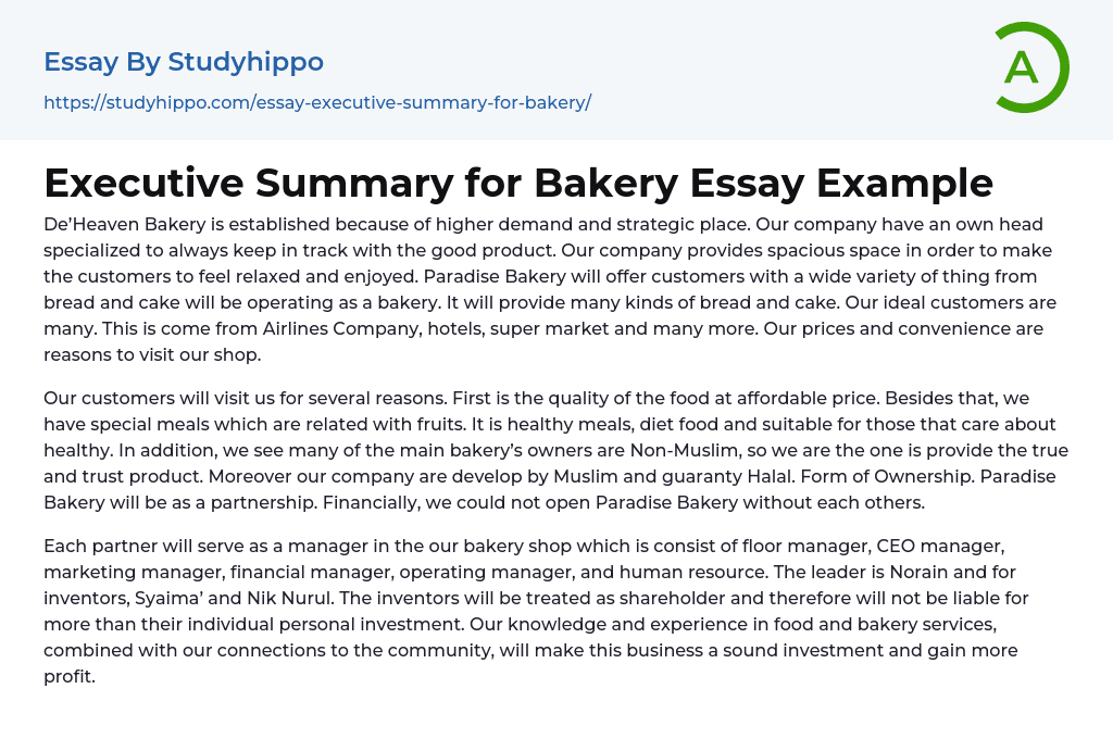 Executive Summary for Bakery Essay Example