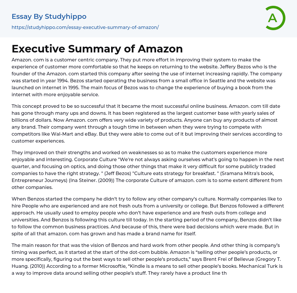 Executive Summary of Amazon Essay Example