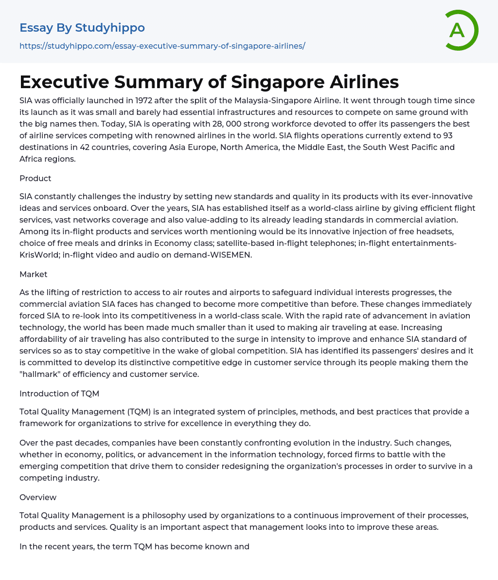 Executive Summary of Singapore Airlines Essay Example