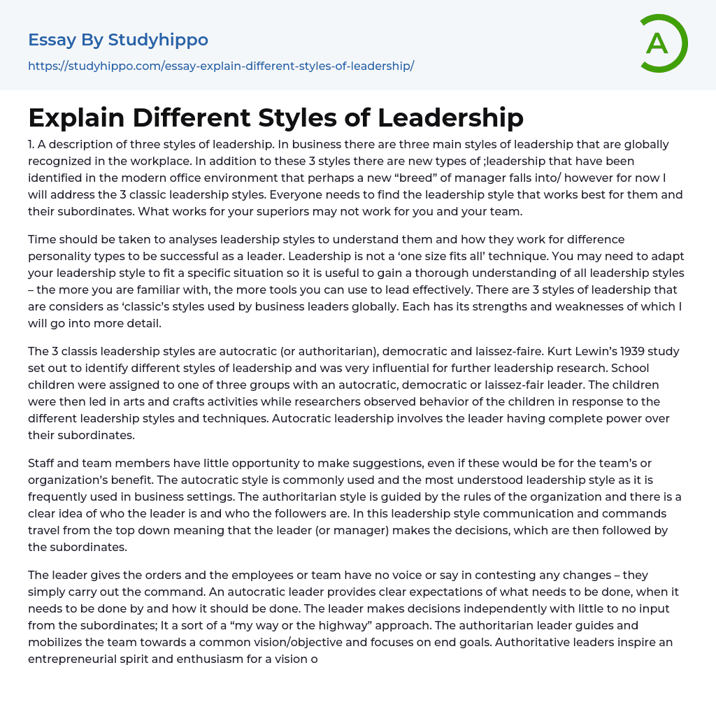 Explain Different Styles of Leadership Essay Example