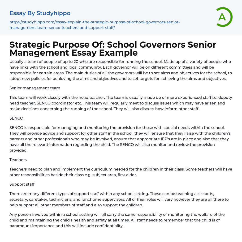 Strategic Purpose Of: School Governors Senior Management Essay Example