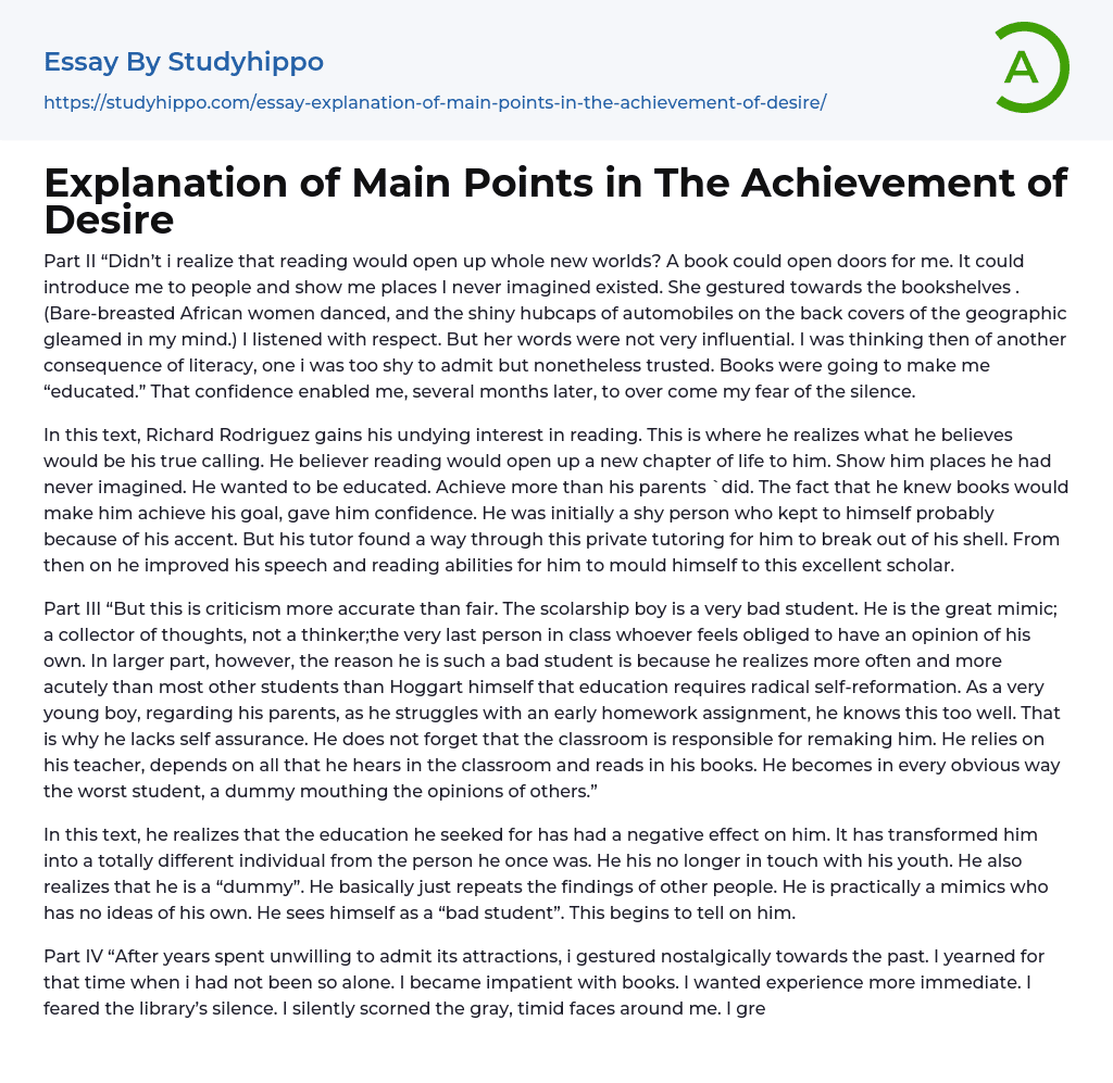 Explanation of Main Points in The Achievement of Desire Essay Example