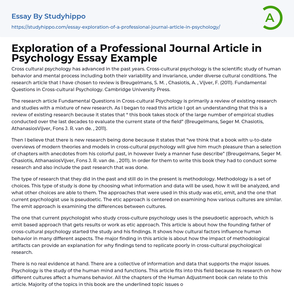 Exploration of a Professional Journal Article in Psychology Essay Example