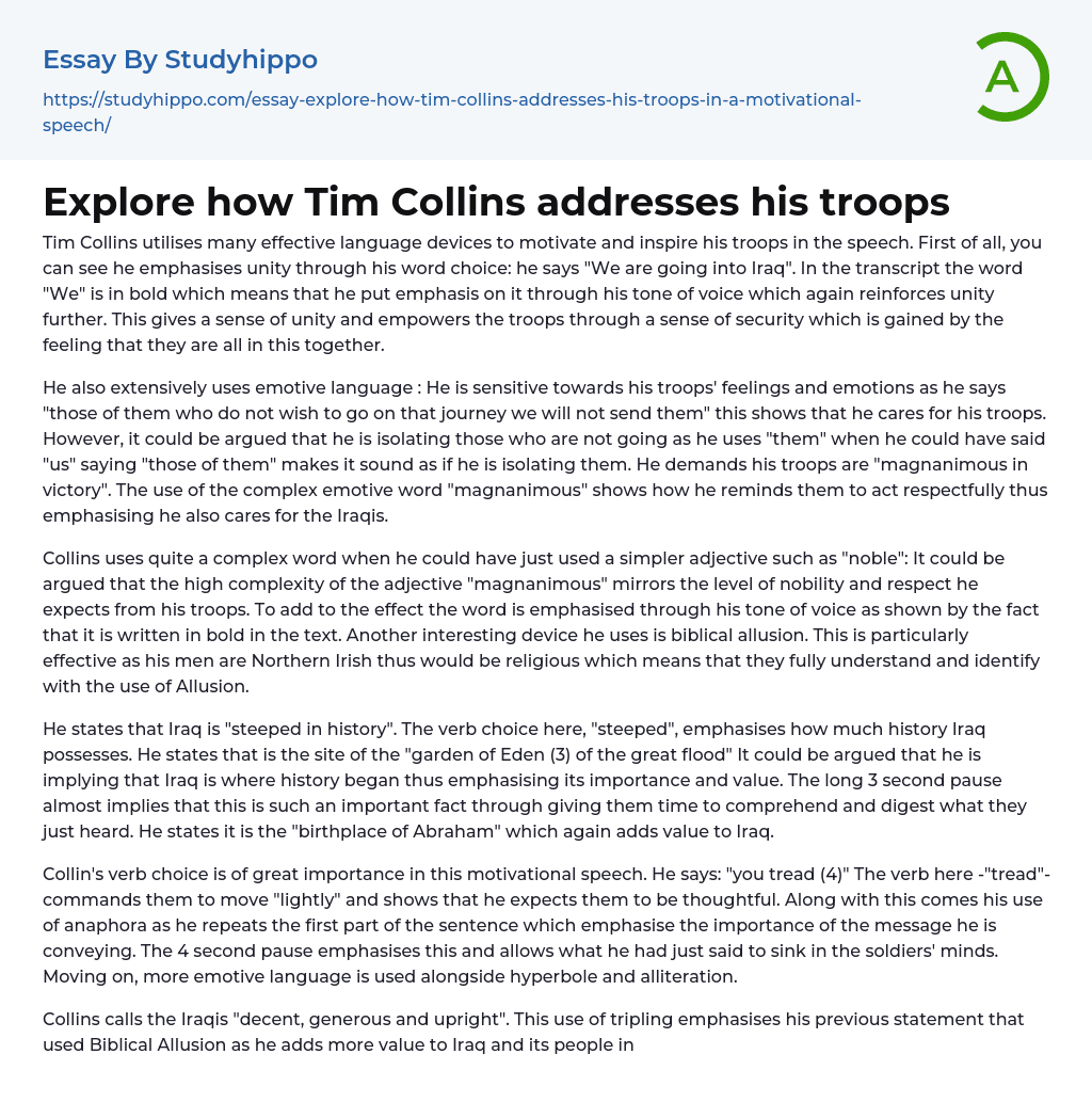 Explore how Tim Collins addresses his troops Essay Example