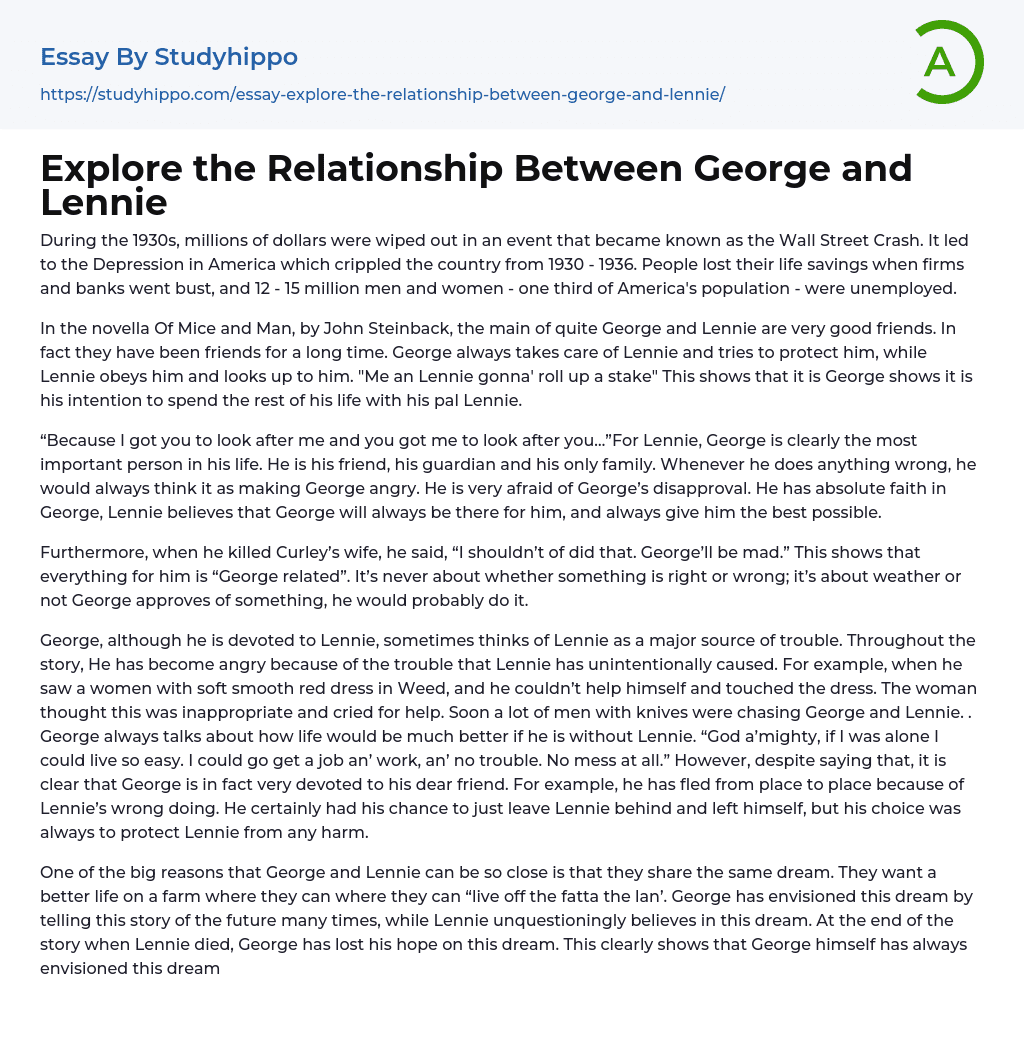 Explore the Relationship Between George and Lennie Essay Example