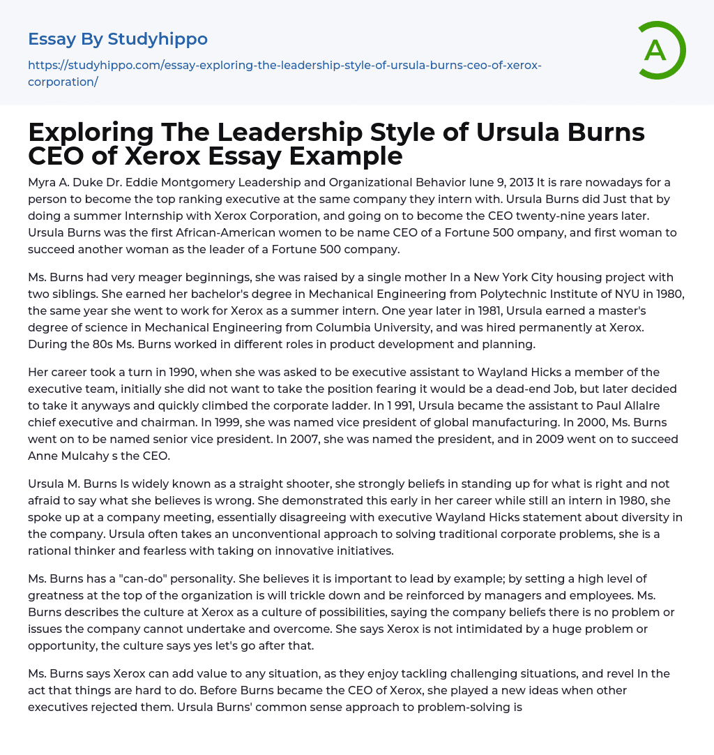 Exploring The Leadership Style of Ursula Burns CEO of Xerox Essay Example