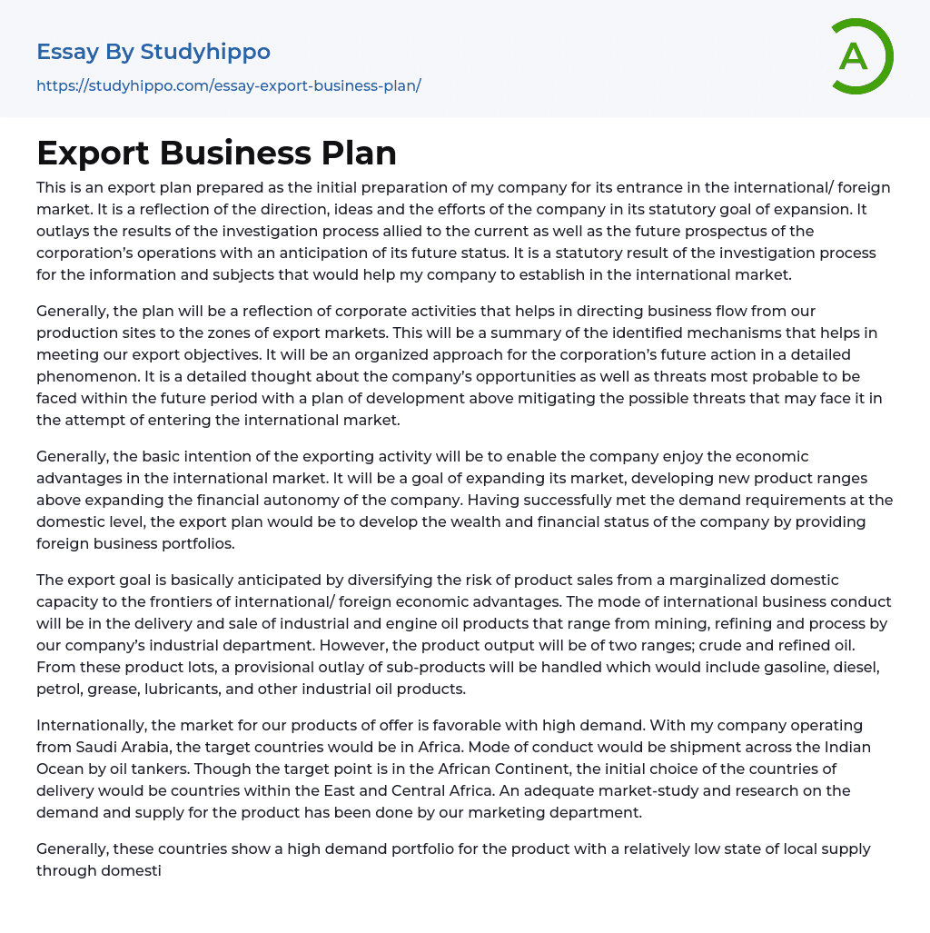 Export Business Plan Essay Example