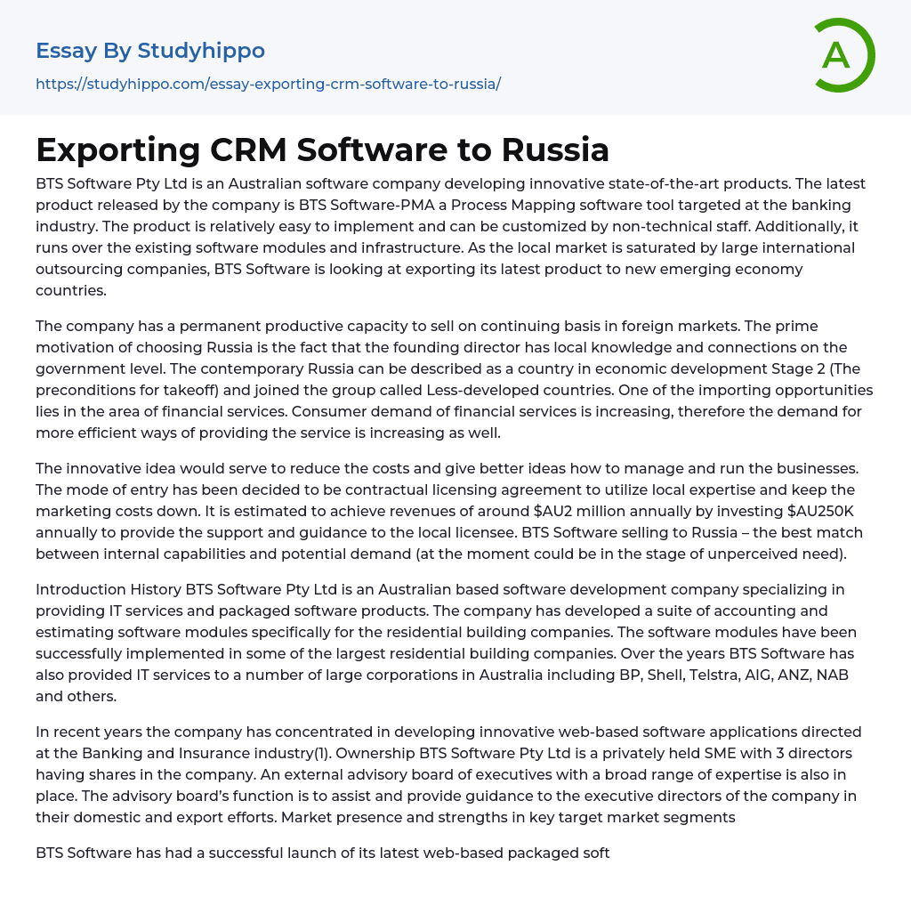 Exporting CRM Software to Russia Essay Example