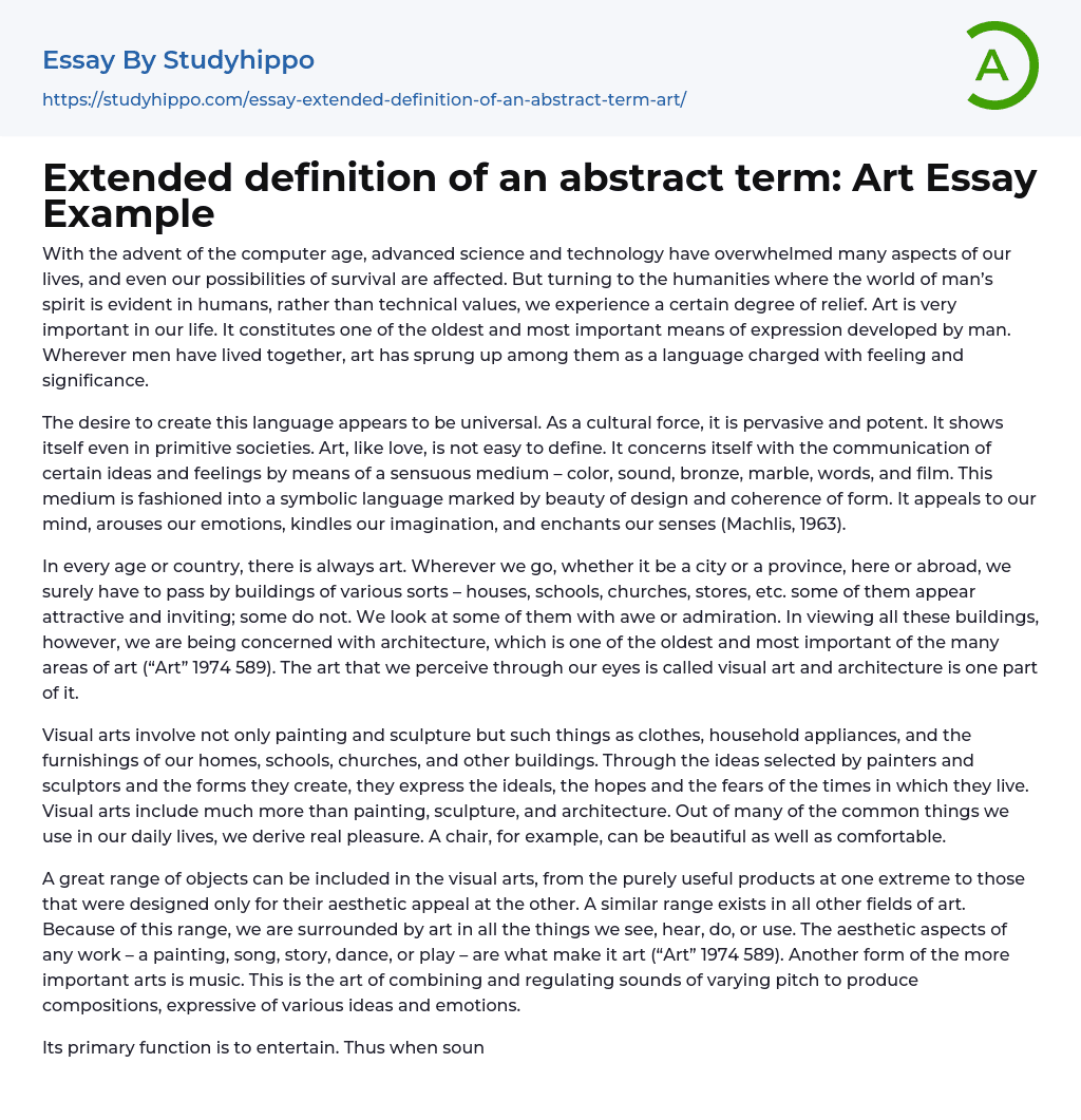 Extended definition of an abstract term: Art Essay Example