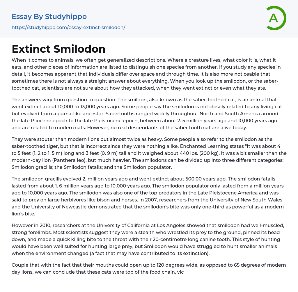Extinct Smilodon Essay Example