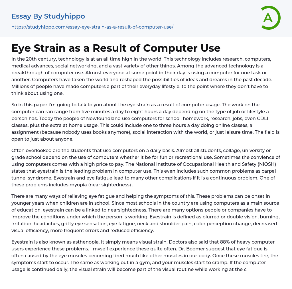 Eye Strain as a Result of Computer Use Essay Example