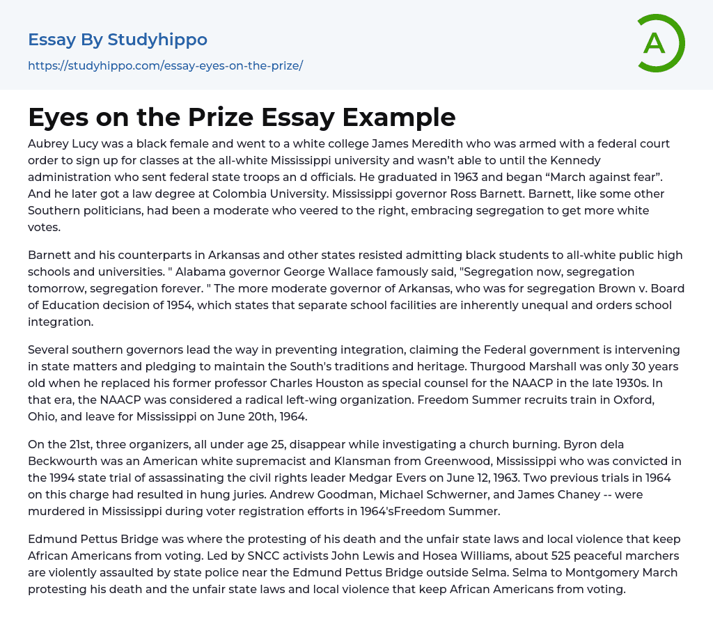 Eyes on the Prize Essay Example