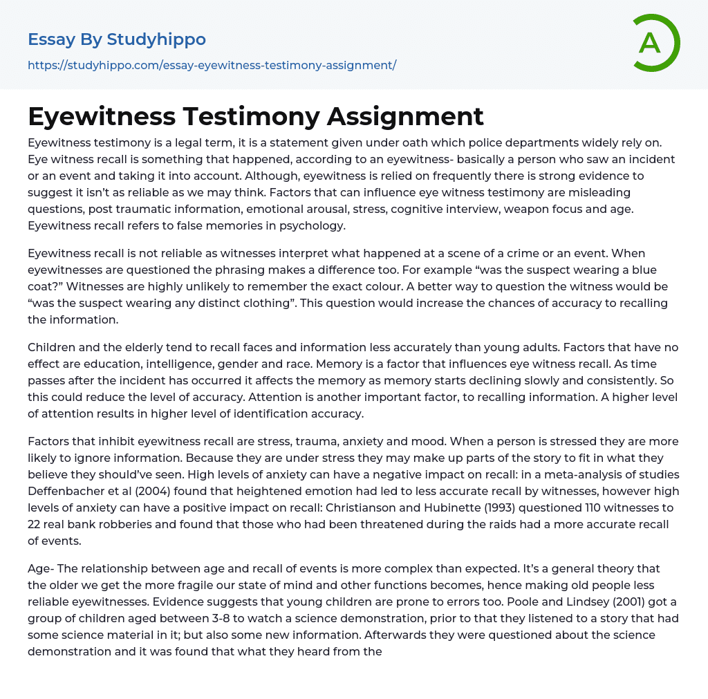 Eyewitness Testimony Assignment Essay Example