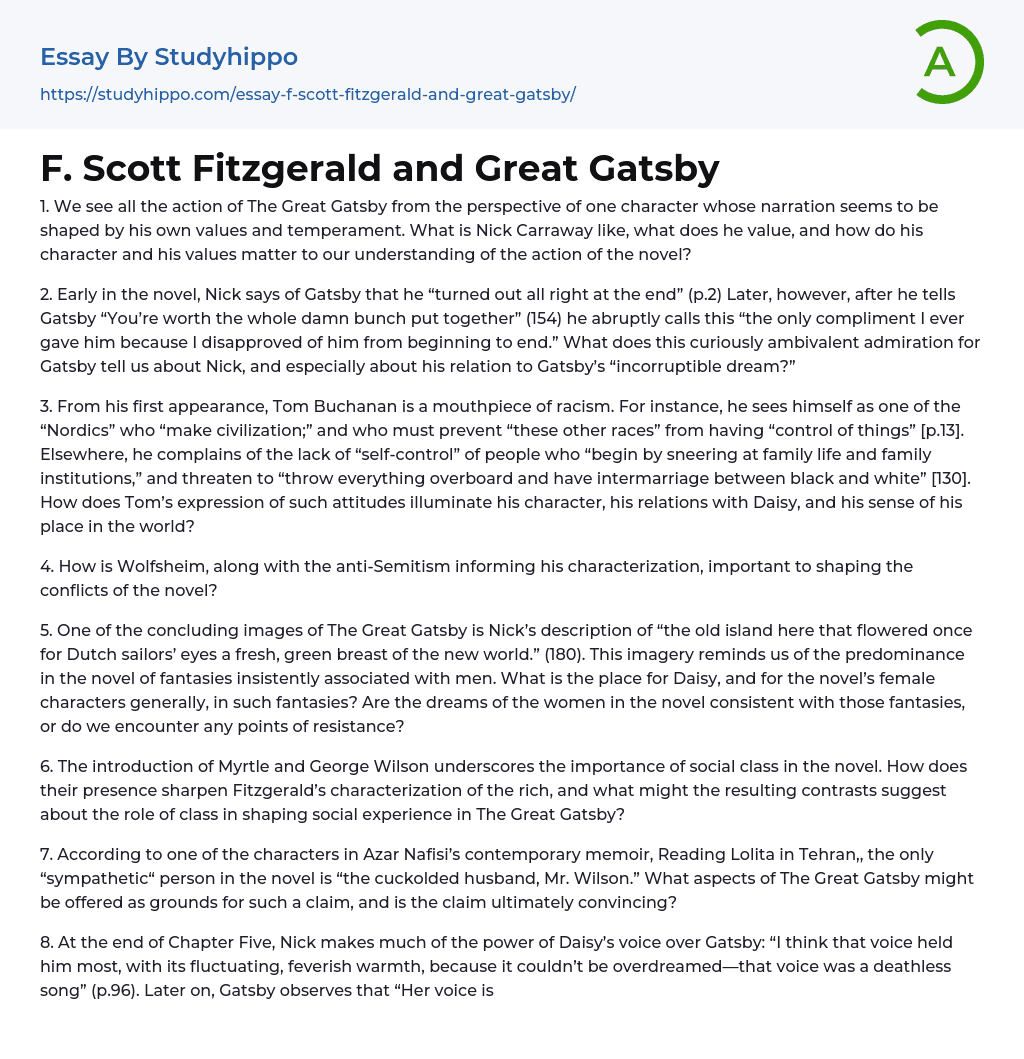 F. Scott Fitzgerald and Great Gatsby Essay Example