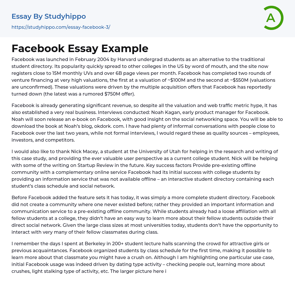 Facebook Essay Example