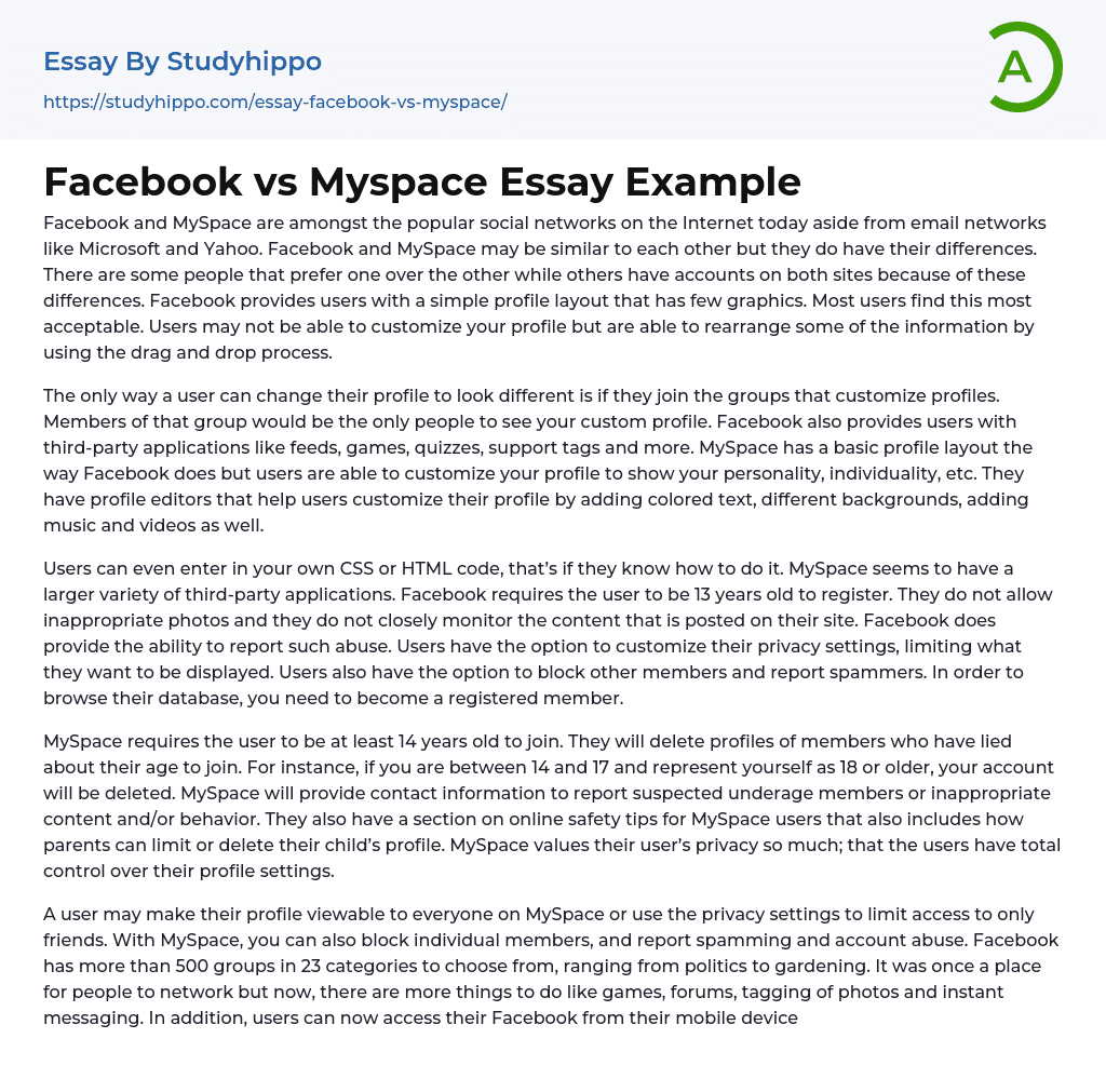 Facebook vs Myspace Essay Example
