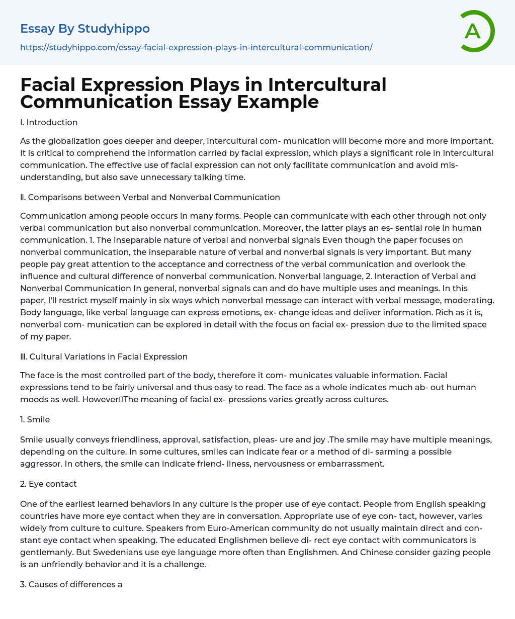 Facial Expression Plays in Intercultural Communication Essay Example