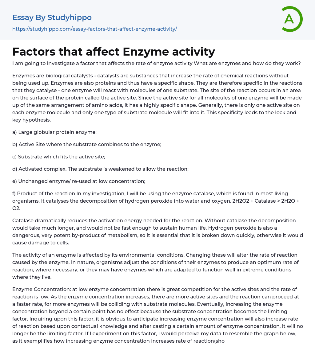 Factors that affect Enzyme activity Essay Example