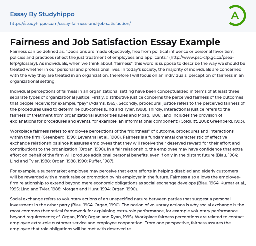 Fairness and Job Satisfaction Essay Example