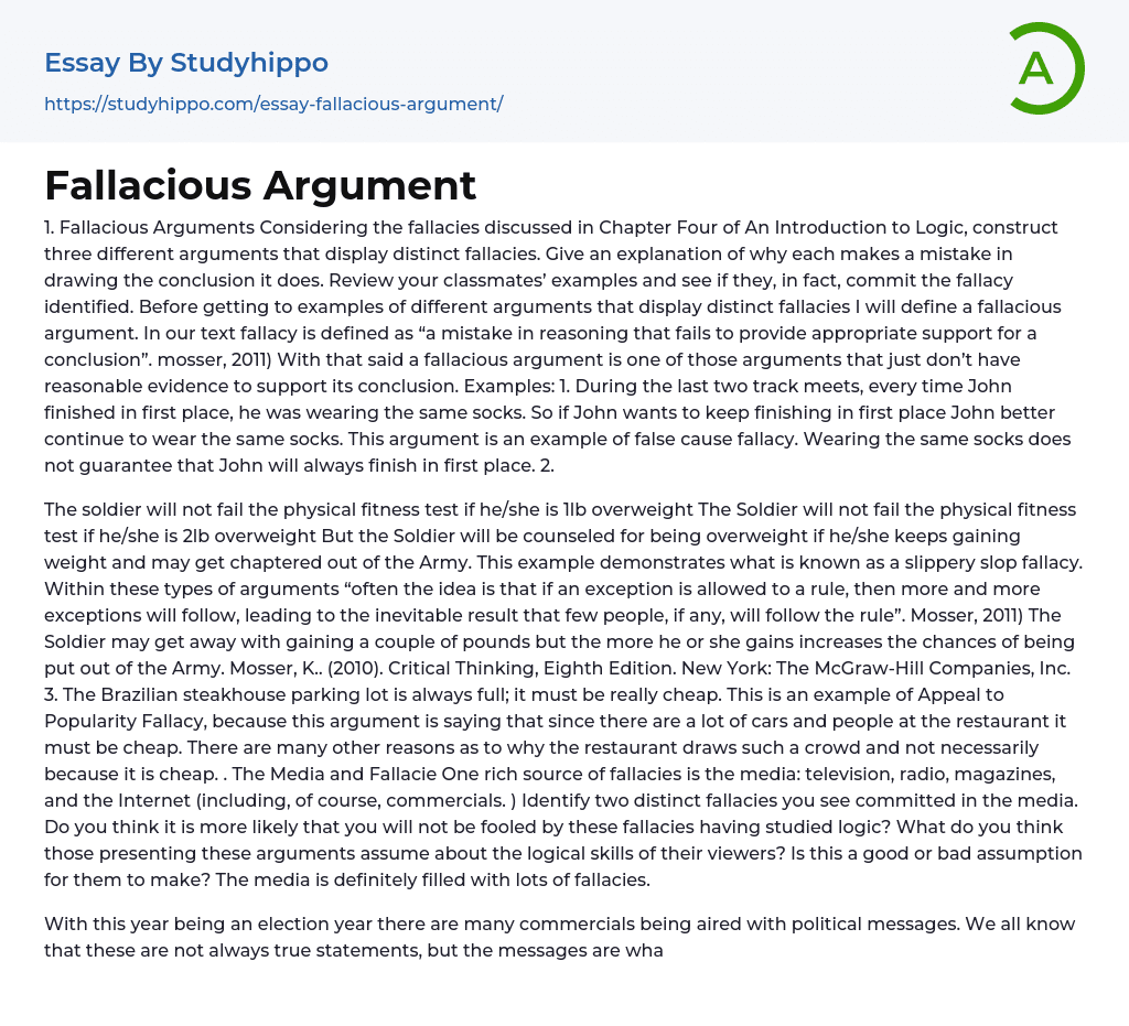 Fallacious Argument Essay Example StudyHippo