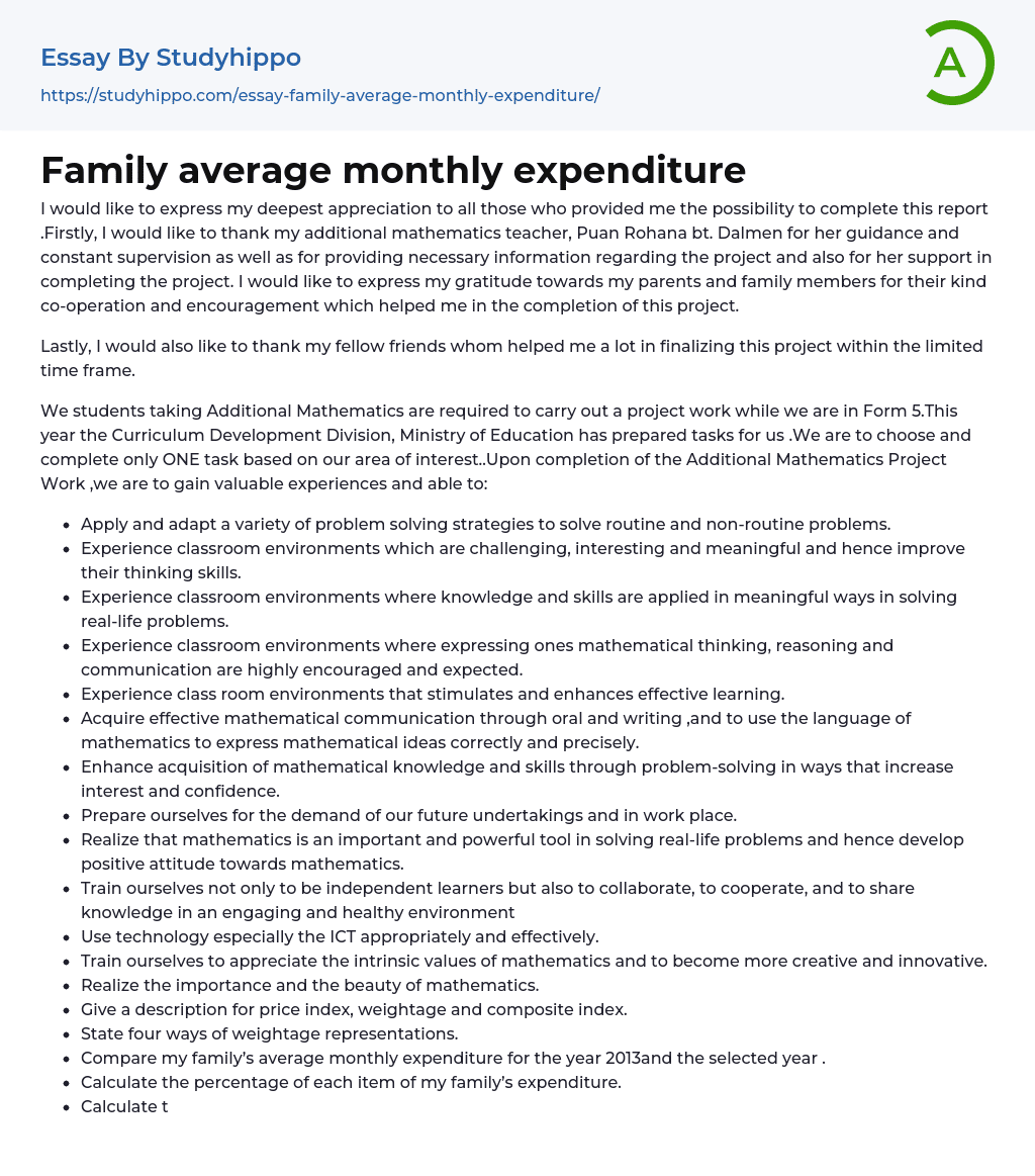 Family average monthly expenditure Essay Example