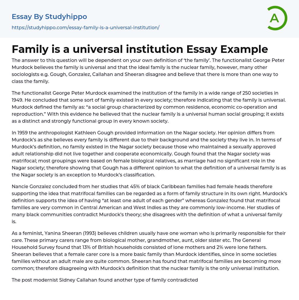 Family is a universal institution Essay Example