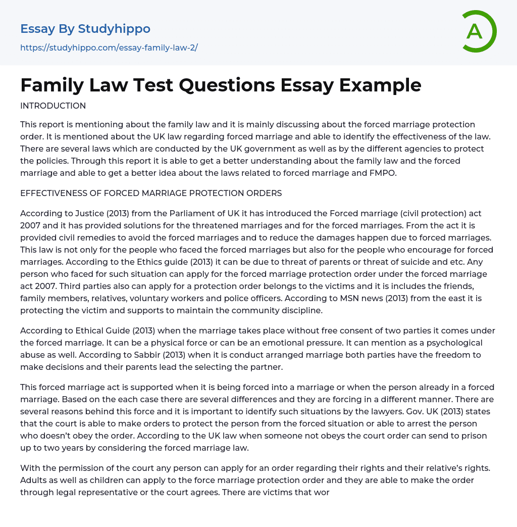 Family Law Test Questions Essay Example