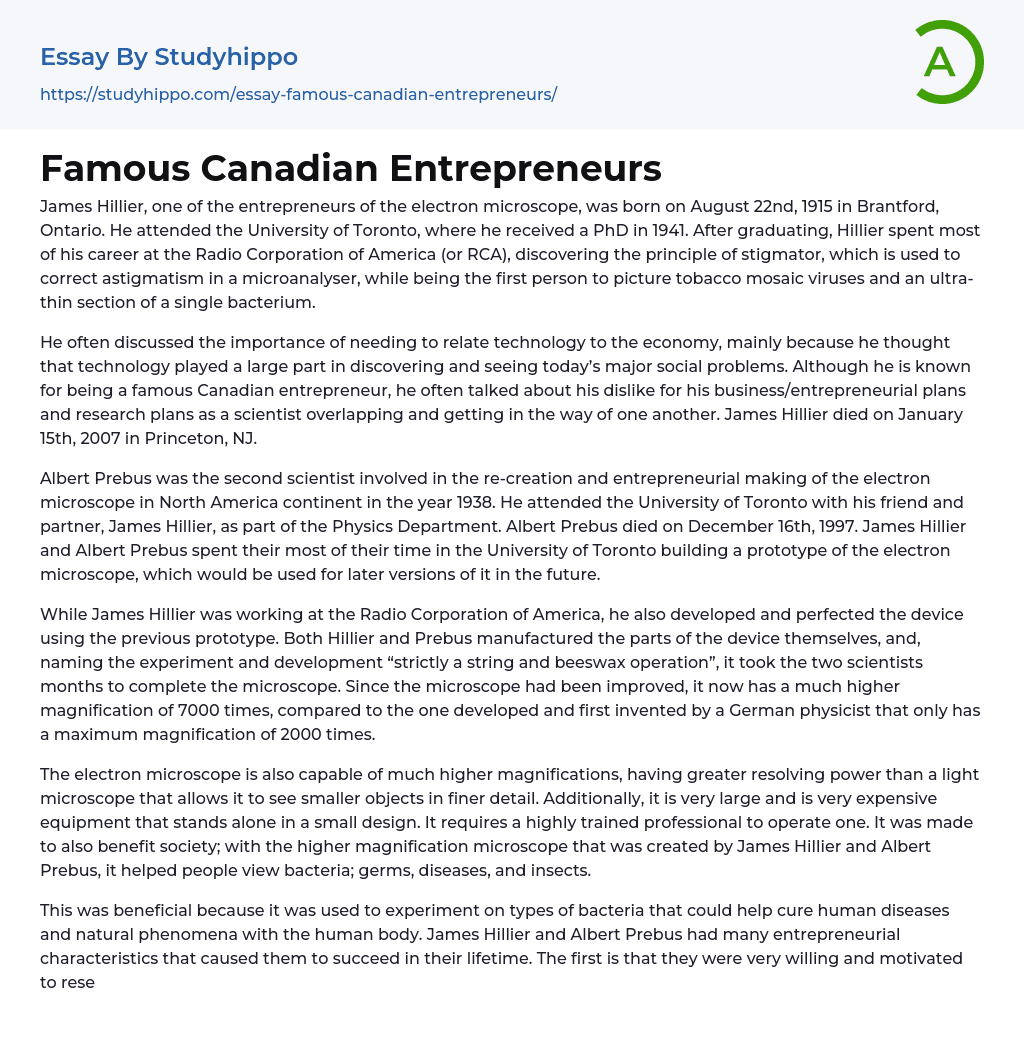 Famous Canadian Entrepreneurs Essay Example