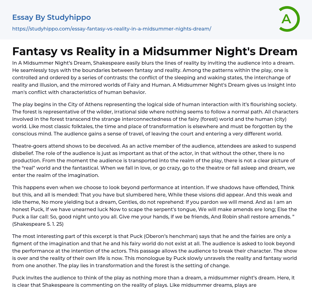 Fantasy vs Reality in a Midsummer Night’s Dream Essay Example