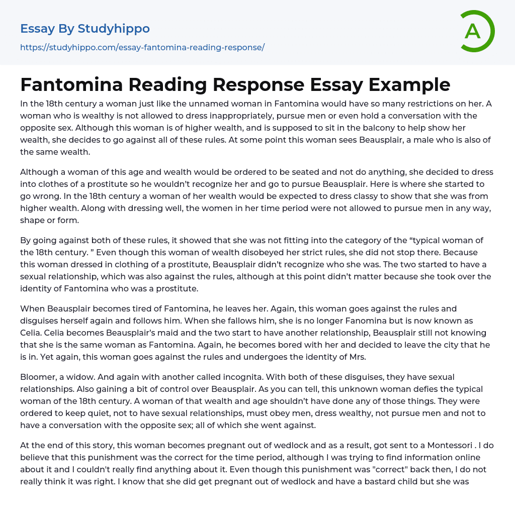 Fantomina Reading Response Essay Example