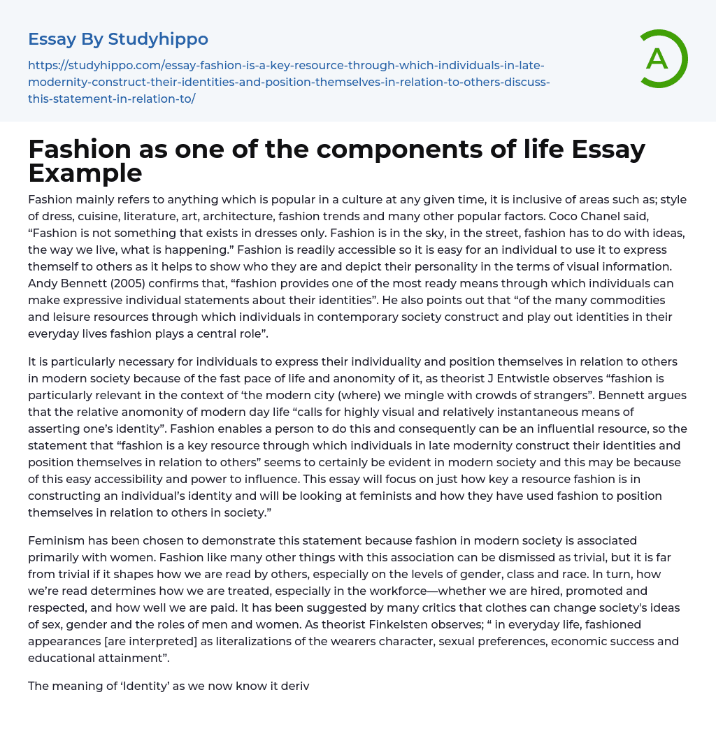 Fashion as one of the components of life Essay Example