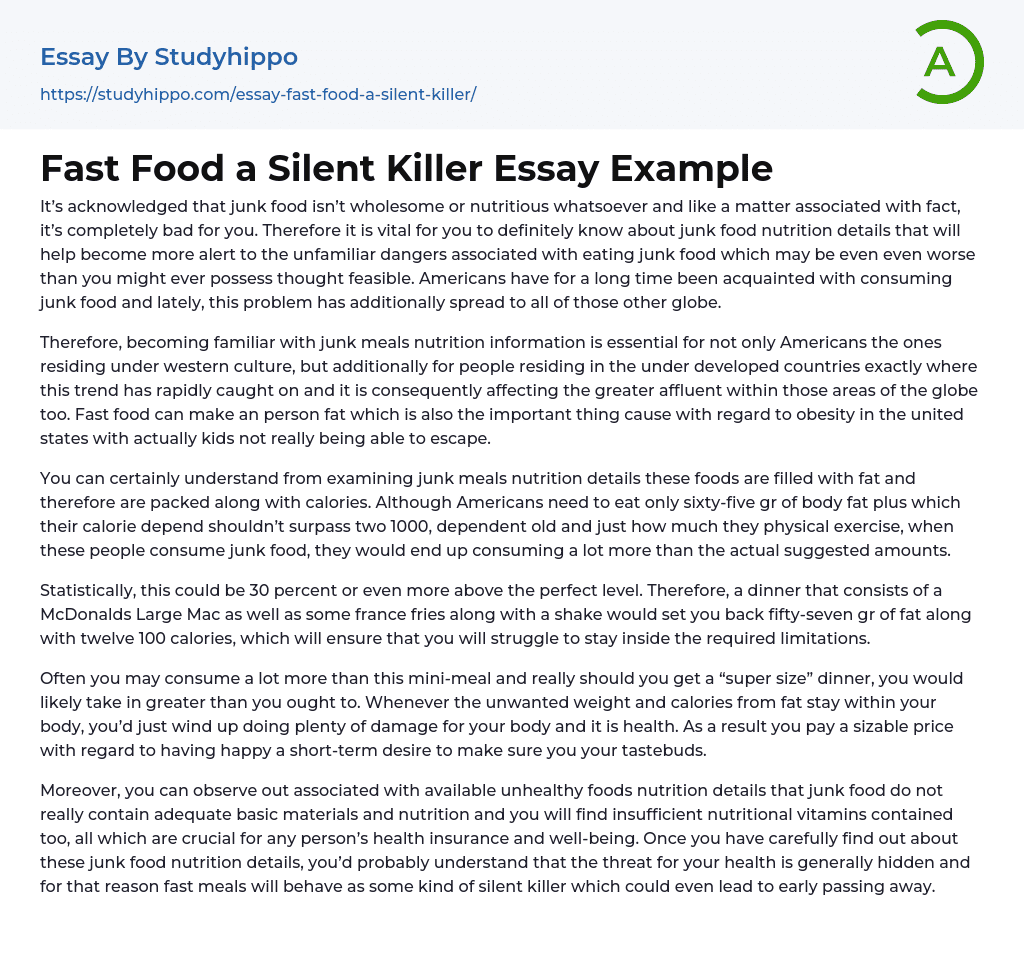 Fast Food a Silent Killer Essay Example