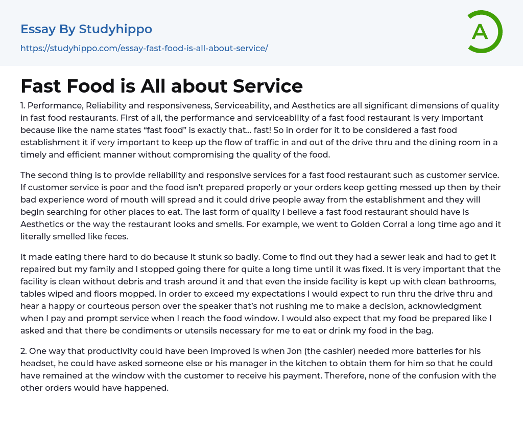 Fast Food is All about Service Essay Example