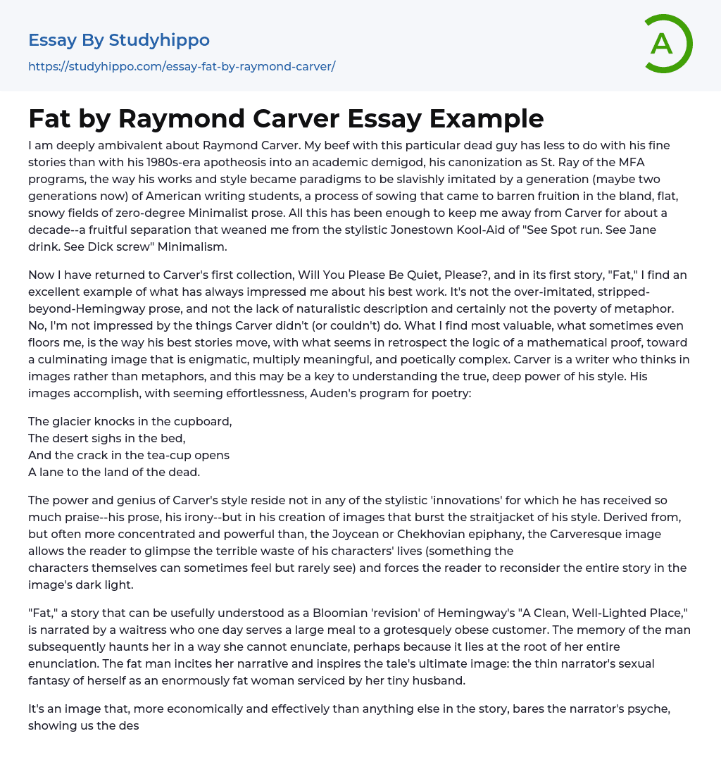 Fat by Raymond Carver Essay Example
