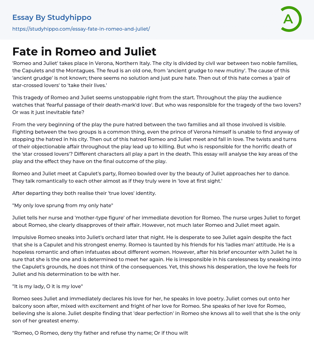 examples of fate in romeo and juliet essay