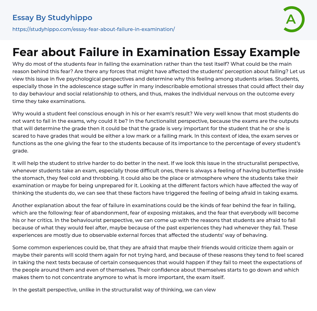 Fear about Failure in Examination Essay Example