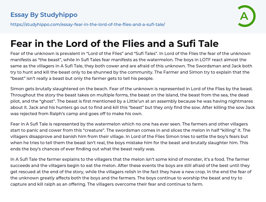 Fear in the Lord of the Flies and a Sufi Tale Essay Example