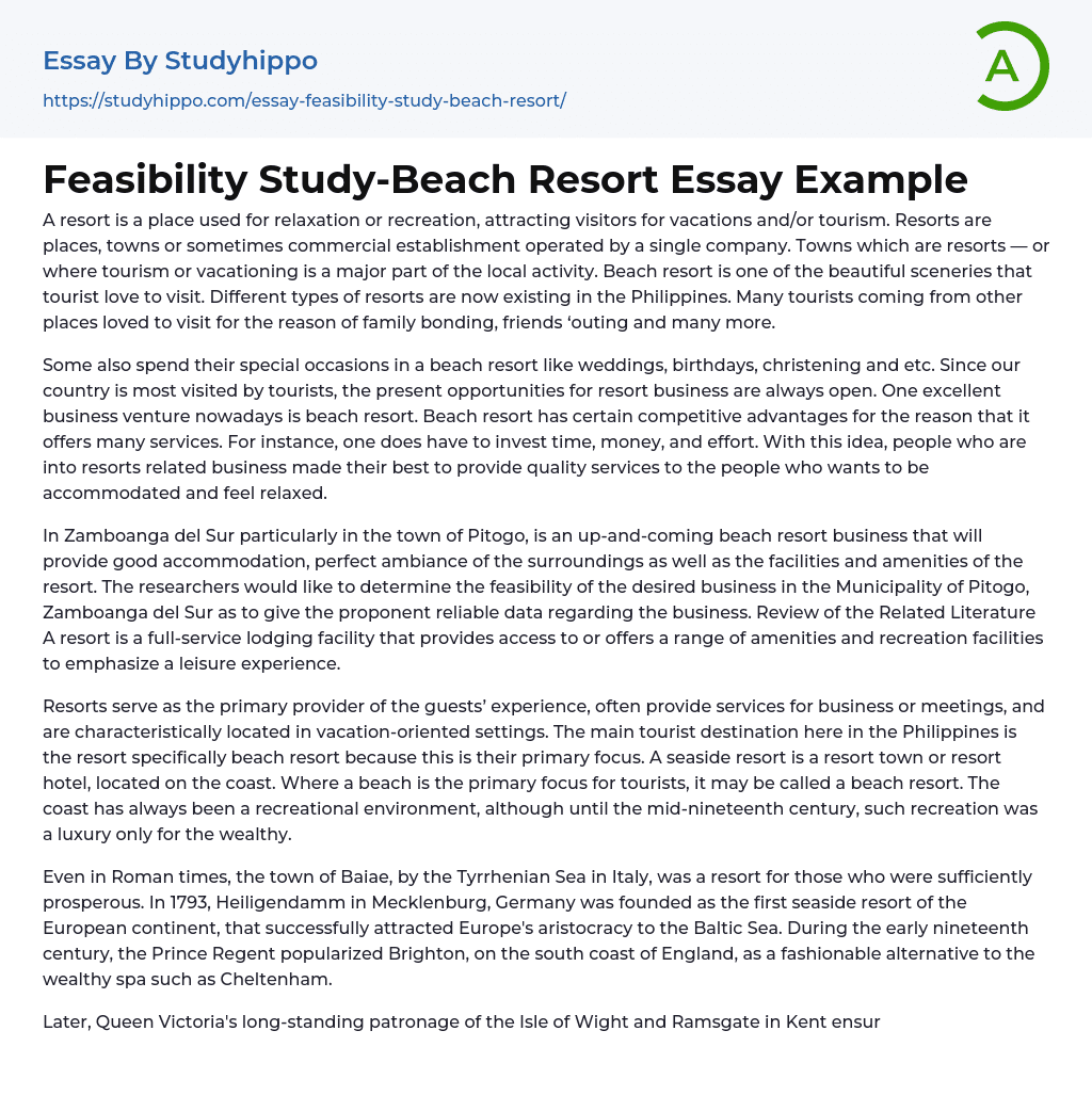 Feasibility Study-Beach Resort Essay Example