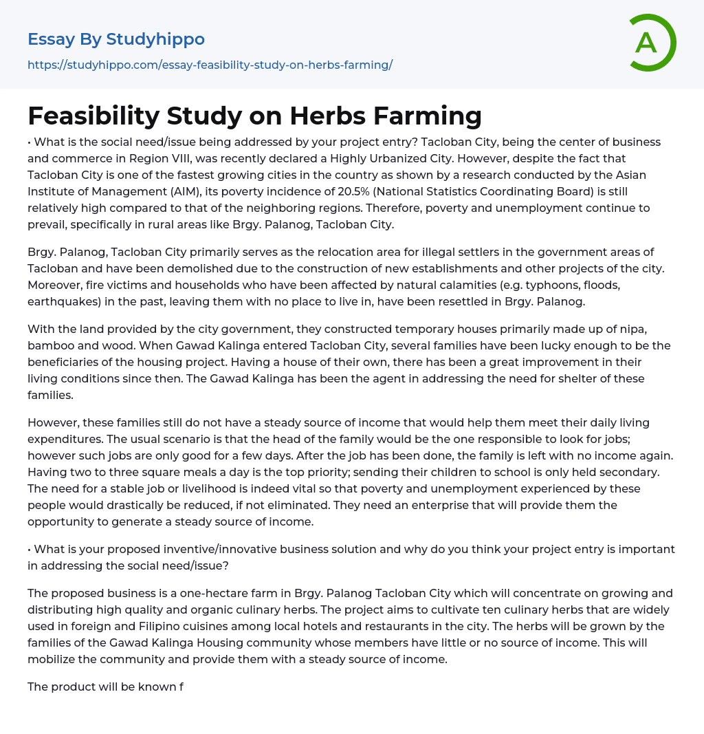 Feasibility Study on Herbs Farming Essay Example