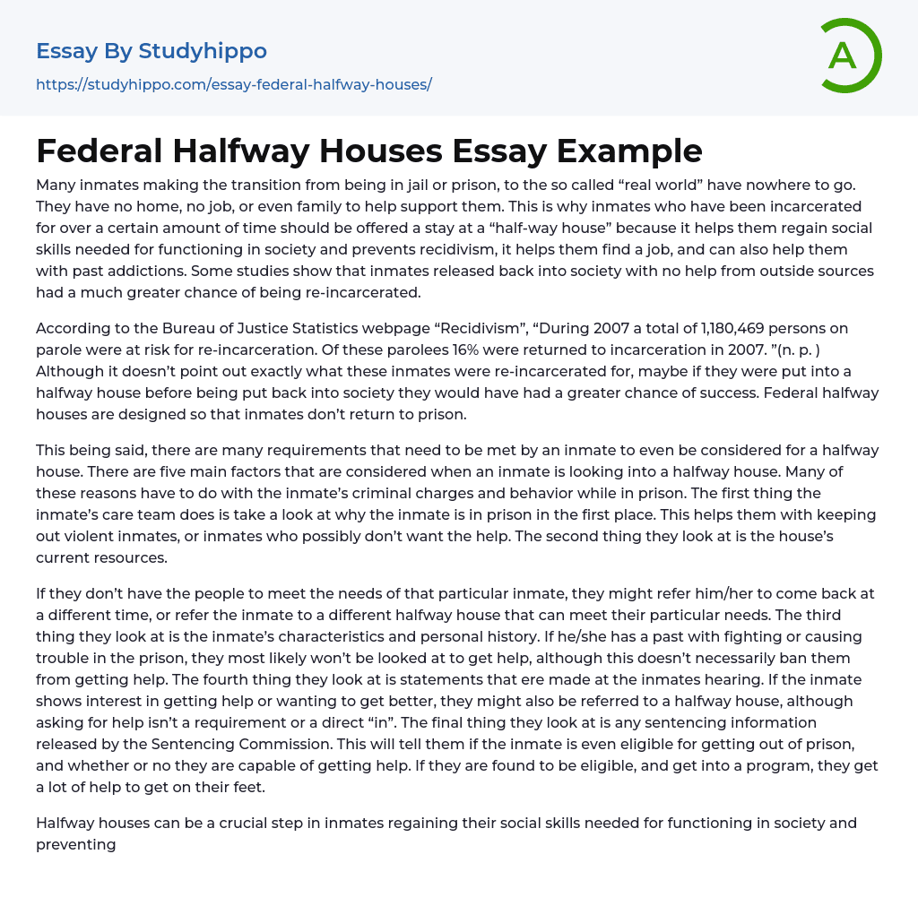 Federal Halfway Houses Essay Example