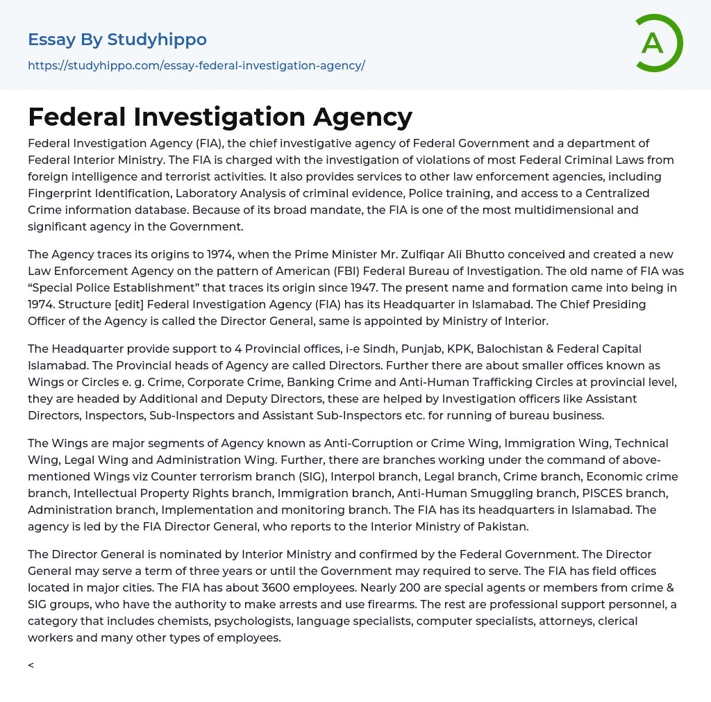 Federal Investigation Agency Essay Example