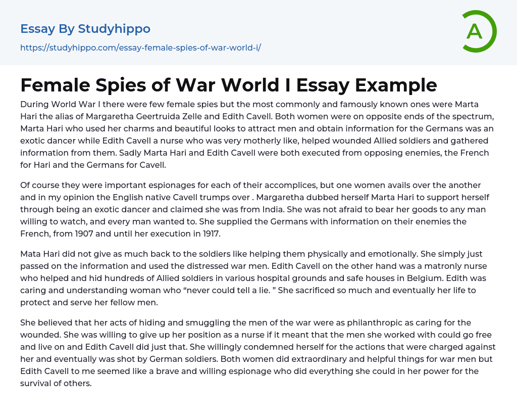 Female Spies of War World I Essay Example
