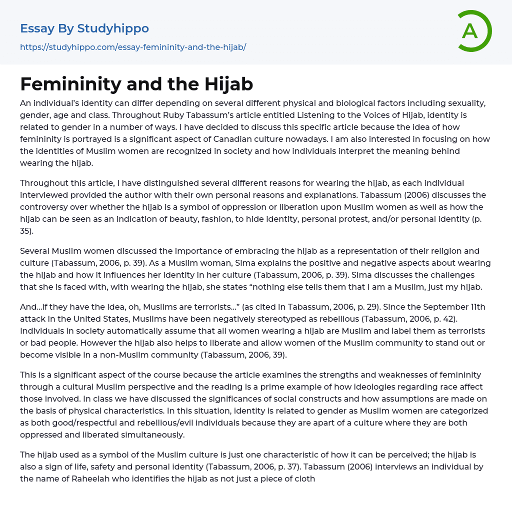 Femininity and the Hijab Essay Example