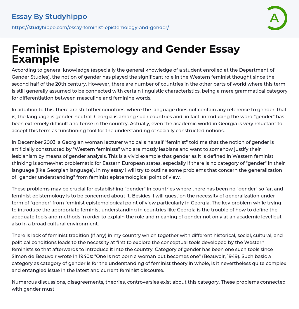Feminist Epistemology and Gender Essay Example