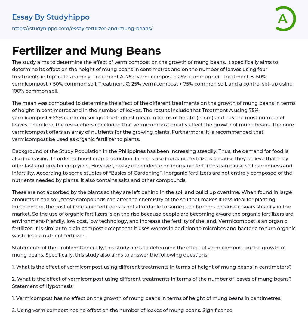 Fertilizer and Mung Beans Essay Example