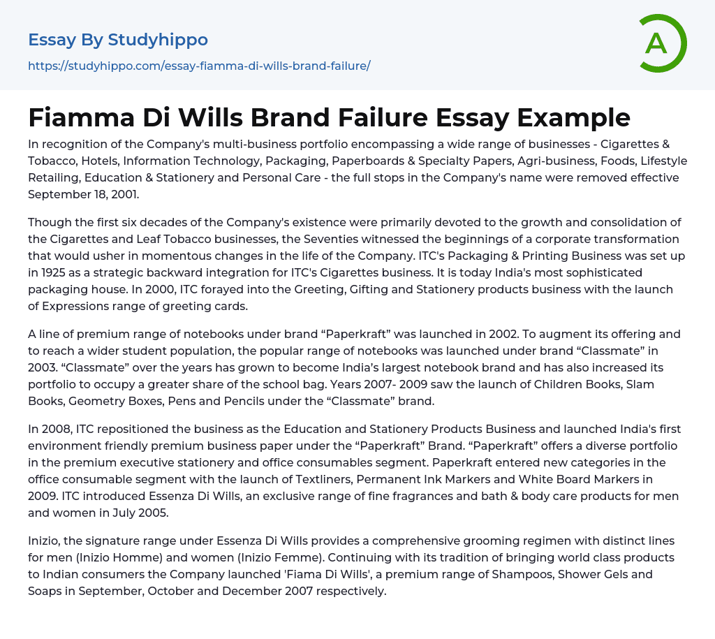 Fiamma Di Wills Brand Failure Essay Example