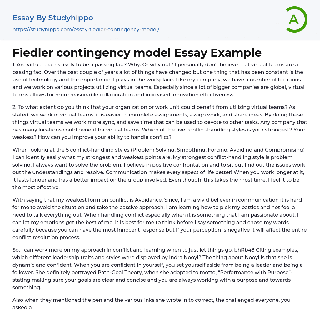 Fiedler contingency model Essay Example