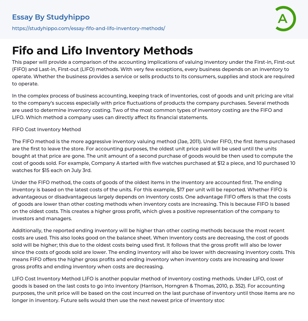 Fifo and Lifo Inventory Methods Essay Example