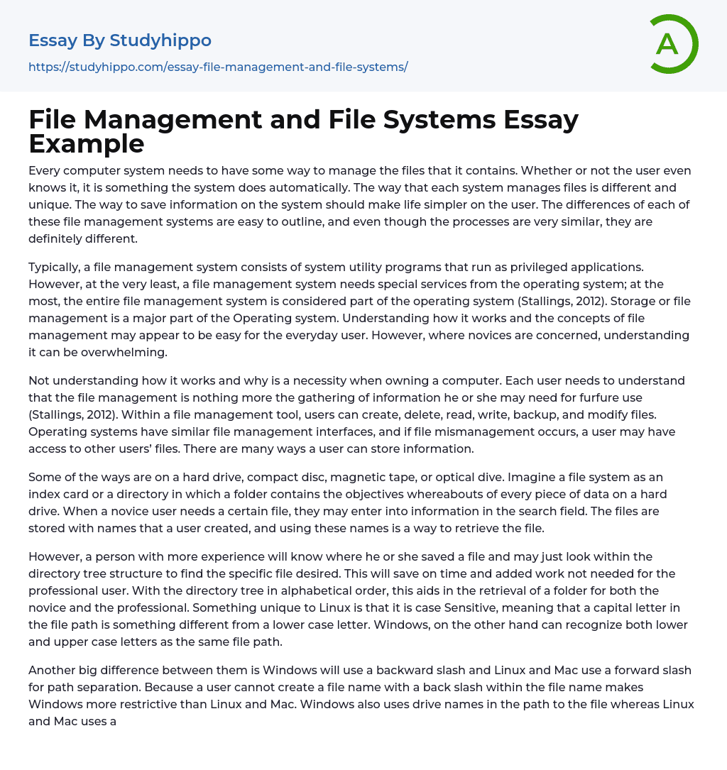 File Management and File Systems Essay Example