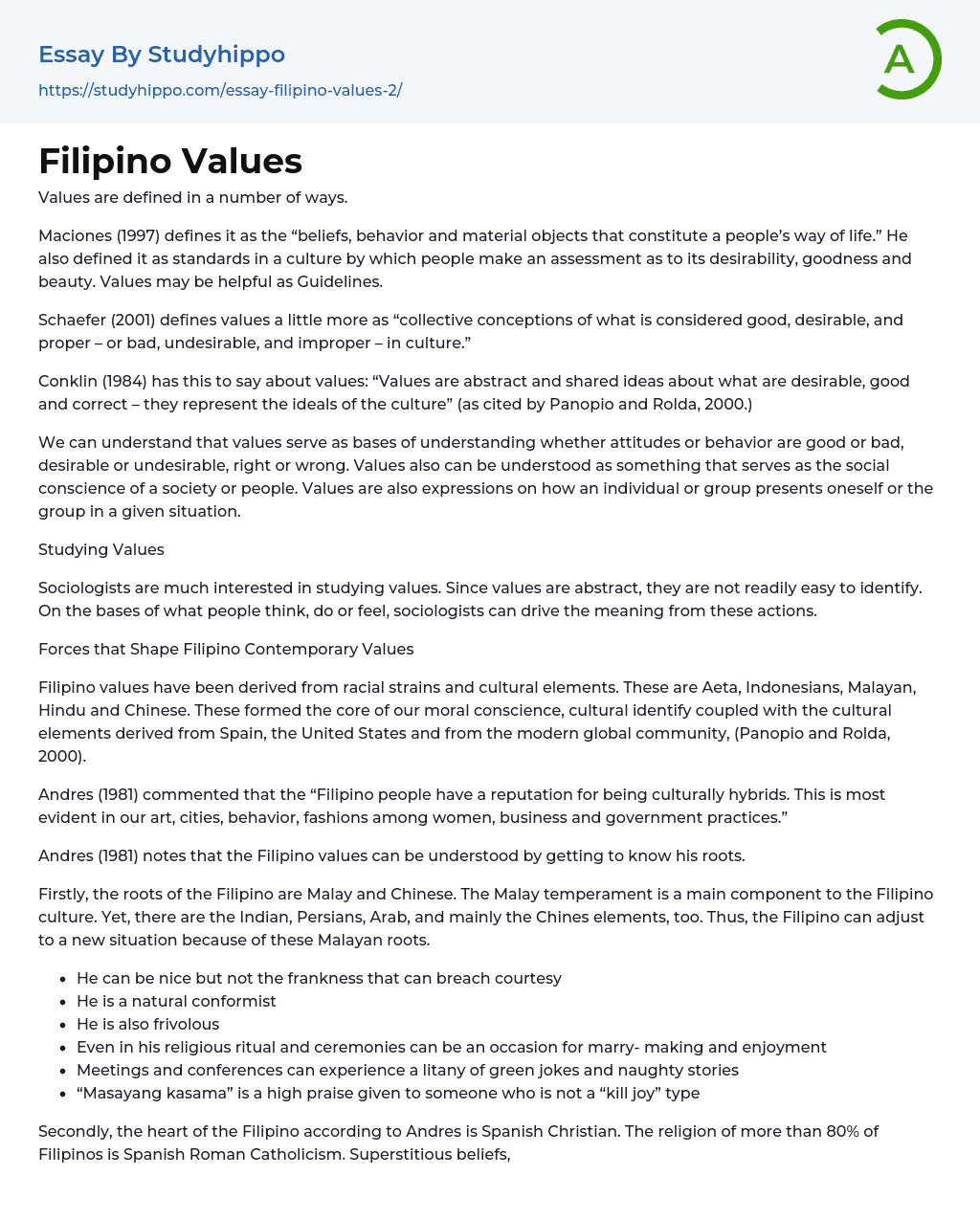 Filipino Values Essay Example